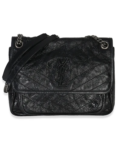 Pre-Owned Saint Laurent Black Crinkled Calfskin Matelasse Medium Niki Chain Satchel