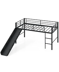 Gymax Twin Metal Loft Bed with Slide Guardrails Built-in Ladder Low Bed Frame Silver