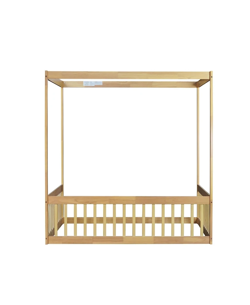 Clihome Full Canopy Frame Rubber Wood Floor Bed with Fence,Guardrails