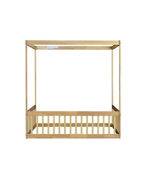 Clihome Full Canopy Frame Rubber Wood Floor Bed with Fence,Guardrails