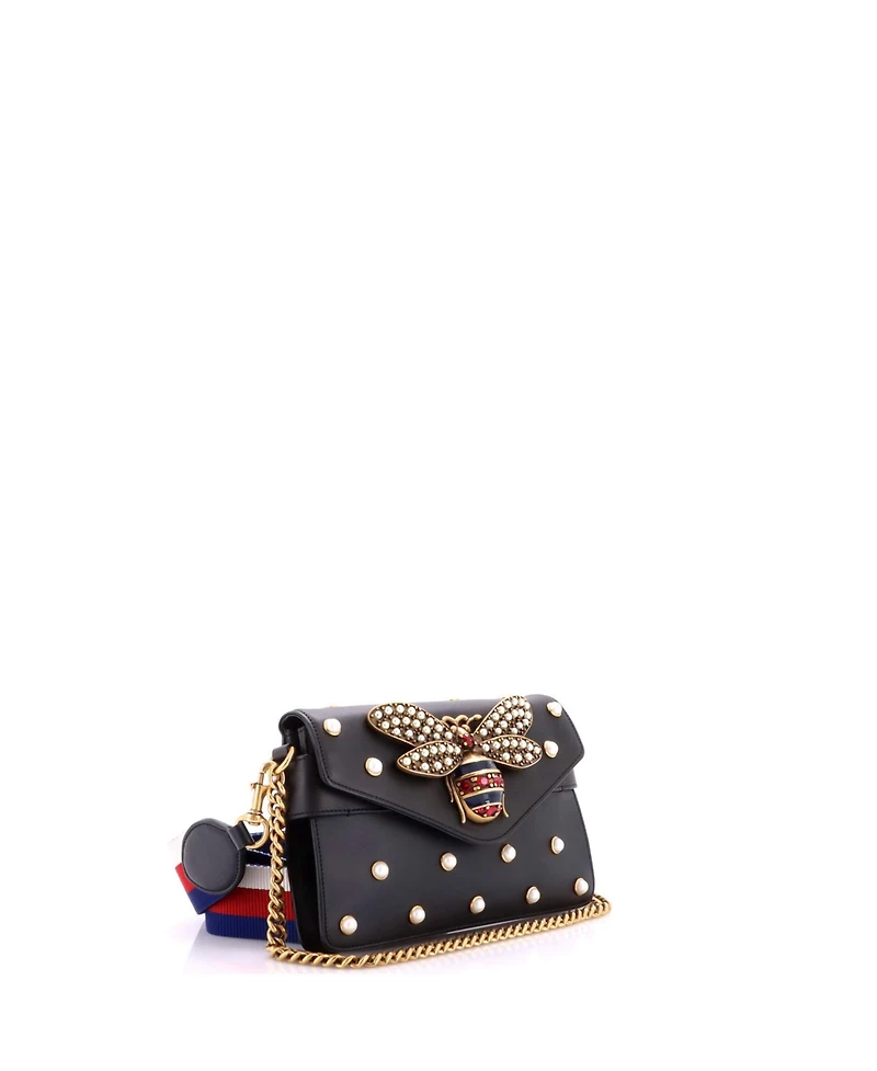 Pre-Owned Gucci Mini Broadway Pearly Bee Shoulder Bag Embellished Leather