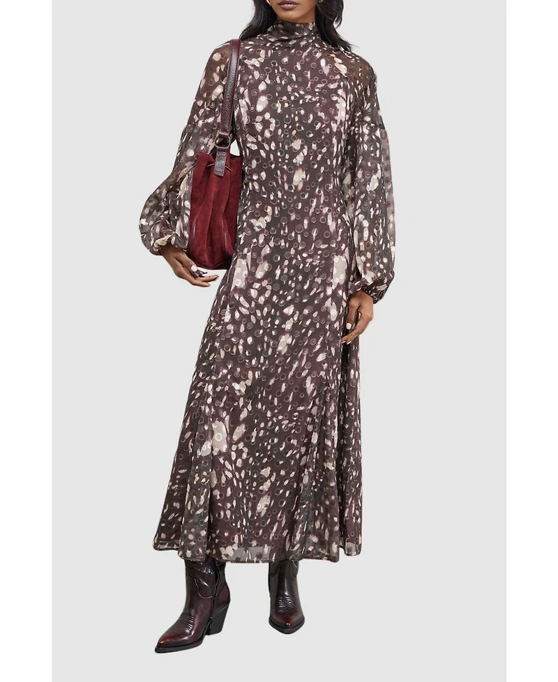 Warehouse Women's Paisley Burnout Spot Godet Midi Dress
