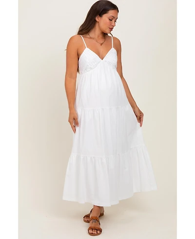 Pinkblush Maternity White Crochet Flare Smocked Maxi Dress