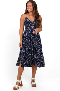 Pinkblush Maternity Navy Floral Twist Front Cut Out Midi Dress