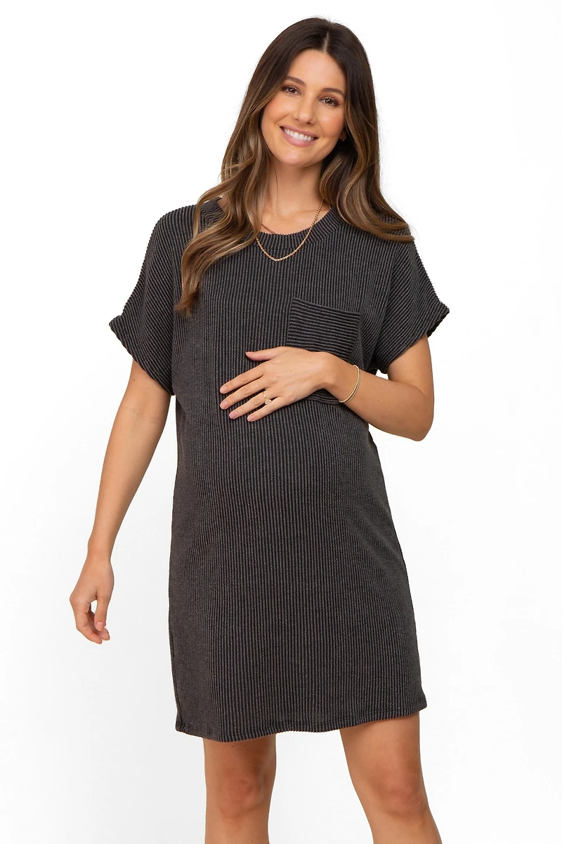 Pinkblush Maternity Charcoal Ribbed Front Pocket Dolman Short Sleeve Dress