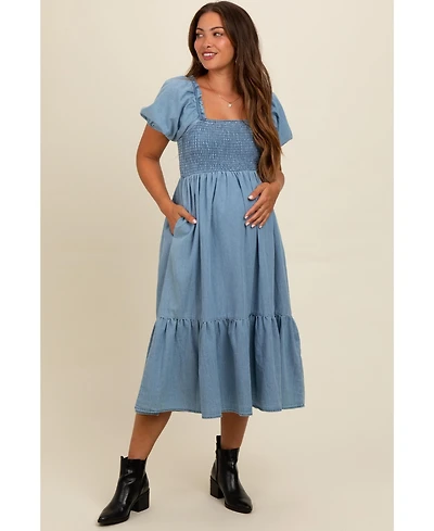 Pinkblush Maternity Light Blue Vintage Wash Chambray Smocked Midi Dress