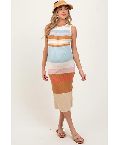 Pinkblush Maternity Light Olive Colorblock Striped Knit Sleeveless Midi Dress