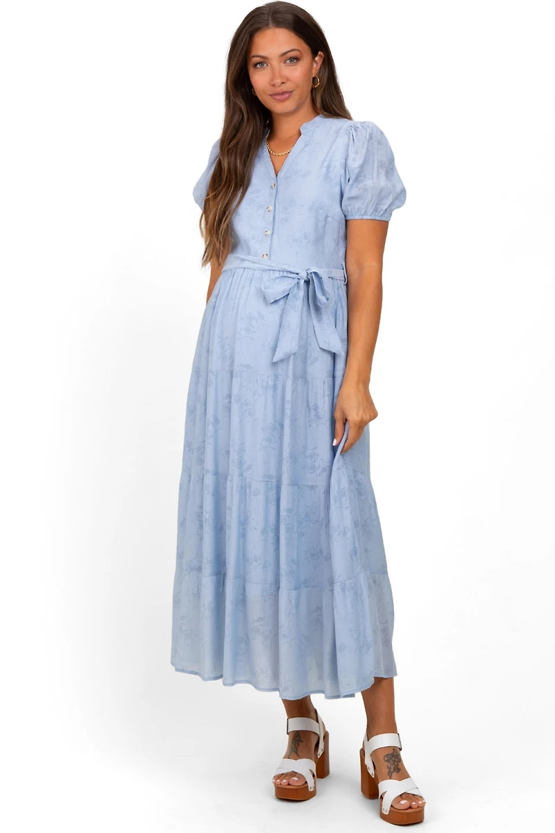 Pinkblush Maternity Light Blue Split Neckline Tiered Midi Dress