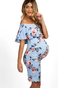 Pinkblush Maternity Light Blue Rose Print Ruffle Fitted Dress