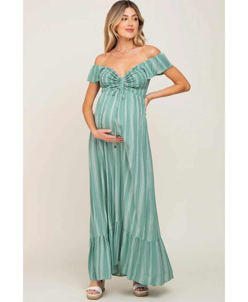 Pinkblush Maternity Green Striped Off Shoulder Front Tie Maxi Dress