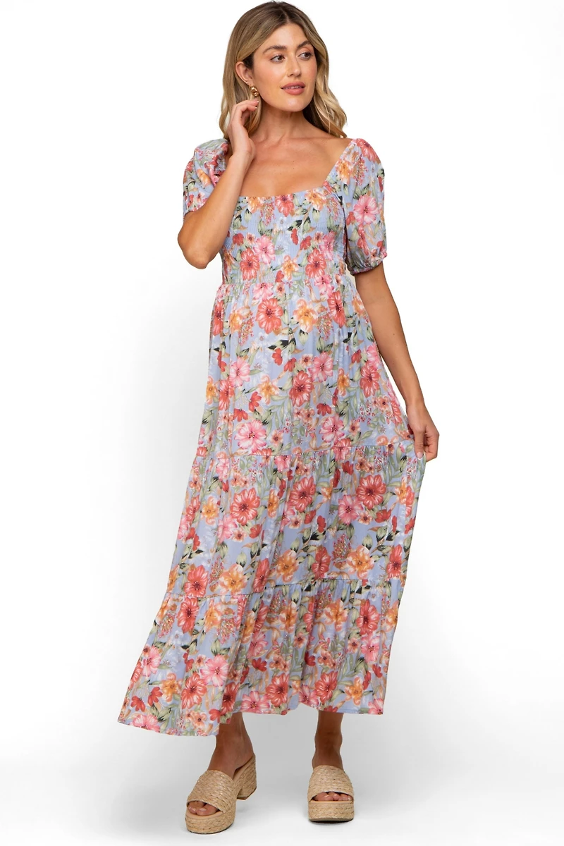Pinkblush Maternity Blue Floral Smocked Square Neck Tiered Maxi Dress