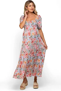 Pinkblush Maternity Blue Floral Smocked Square Neck Tiered Maxi Dress