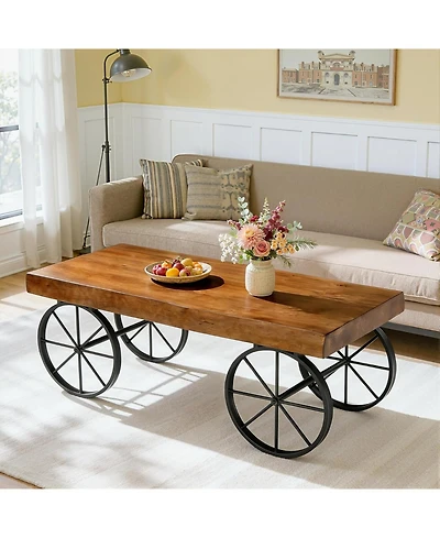 Tribesigns Solid Wood Coffee Table for Living Room, 47.2" Industrial Center Table with Live Edge Tabletop and Metal Wheel Legs