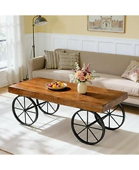 Tribesigns Solid Wood Coffee Table for Living Room, 47.2" Industrial Center Table with Live Edge Tabletop and Metal Wheel Legs
