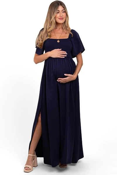 Pinkblush Maternity Navy Chambray Smocked Maxi Dress