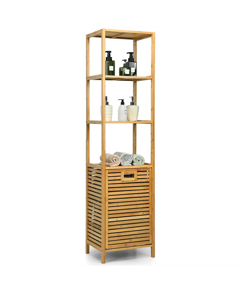 sumyeg Bamboo Tower Laundry Hamper Organizer with 3-Tier Storage Shelves