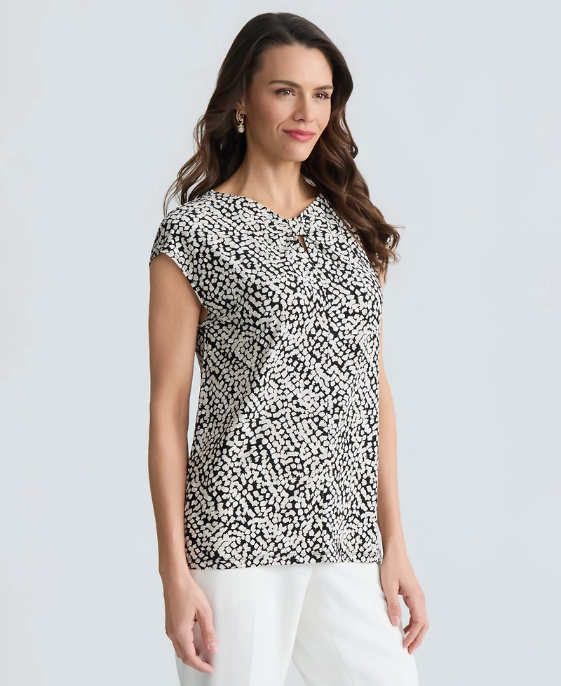 Kasper Women's Cap Sleeve Printed Jersey Knot Neck Top, Regular & Petite