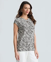 Kasper Women's Cap Sleeve Printed Jersey Knot Neck Top, Regular & Petite