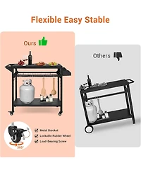 Xo Outdoor Rolling Bbq Grill Cart, 2-Tier Metal Prep Table, Lockable Wheels, Side Mesh Shelf for Patio Backyard