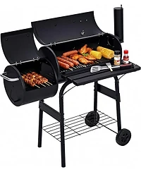 Xo Charcoal Grill with Offset Smoker, Barrel Bbq Smoker Combo with Wheels for Patio Camping Party