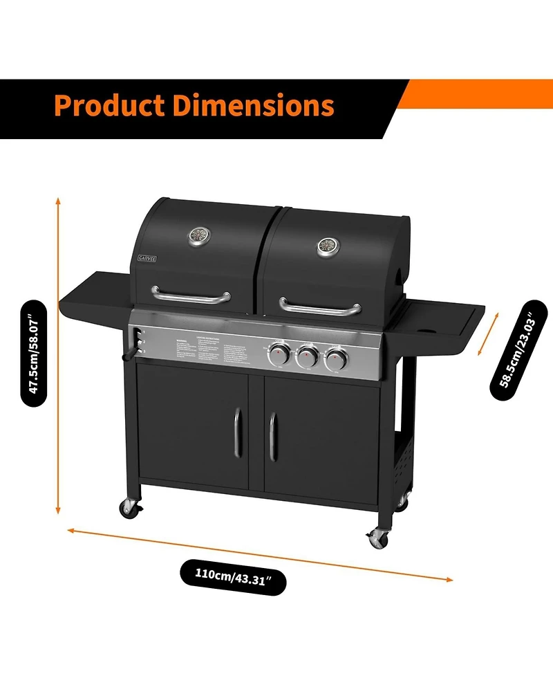 Xo Propane Gas and Charcoal Grill Combo, 3 Burner Dual Fuel Bbq with Side Burner, Wheels Cabinet