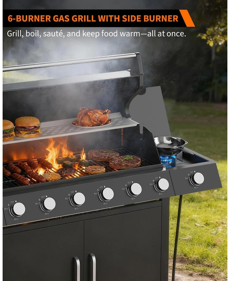 Xo 6-Burner Propane Gas Grill with Side Burner, Cast Iron Grates, Cabinet for Patio Backyard Bbq