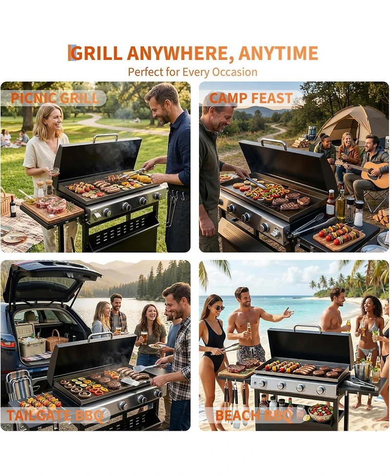 Xo 4-Burner Propane Gas Grill, 32,000 Btu Bbq with Wheels, Side Shelves for Camping Patio
