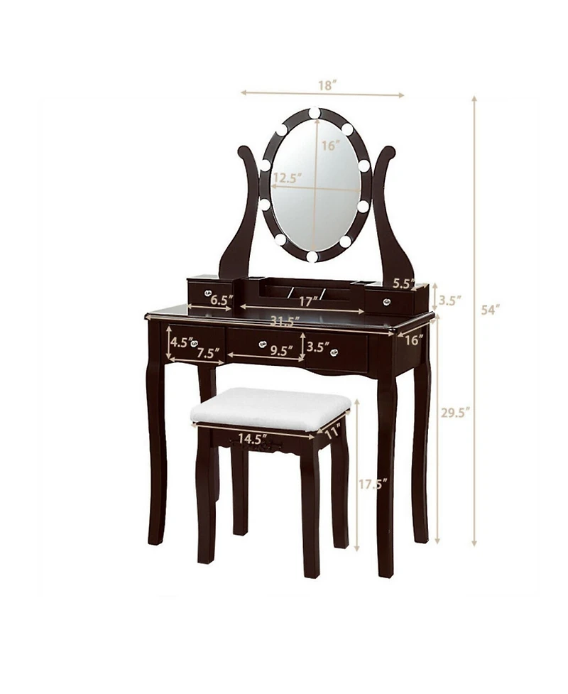 Gouun Dimmable Led Vanity Table Set with Cushioned Stool, 5 Drawers and 360-Degree Mirror