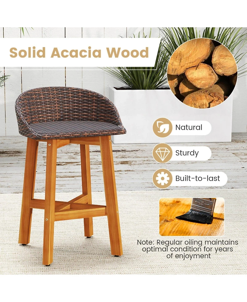 Costway Outdoor Faux Rattan Bar Chairs Solid Acacia Wood Bar Stools for Porch