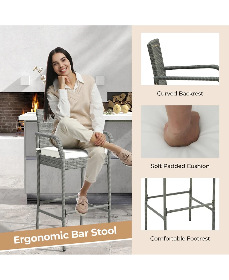 Gymax Set of 4 Rattan Patio Bar Stools Outdoor Bar Height Chairs with Cushions