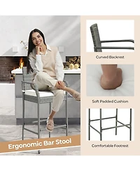 Gymax Set of 4 Rattan Patio Bar Stools Outdoor Bar Height Chairs with Cushions