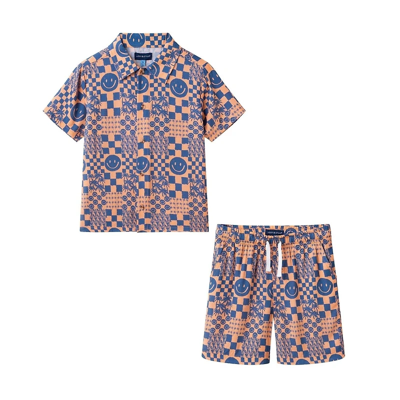 Andy & Evan Boys' Allover Smiley Print Buttondown and Shorts Set