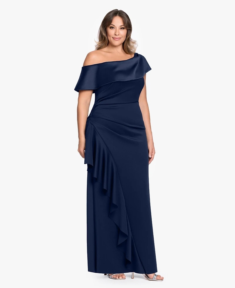 Betsy & Adam Plus Asymmetrical Off-The-Shoulder Ball Gown