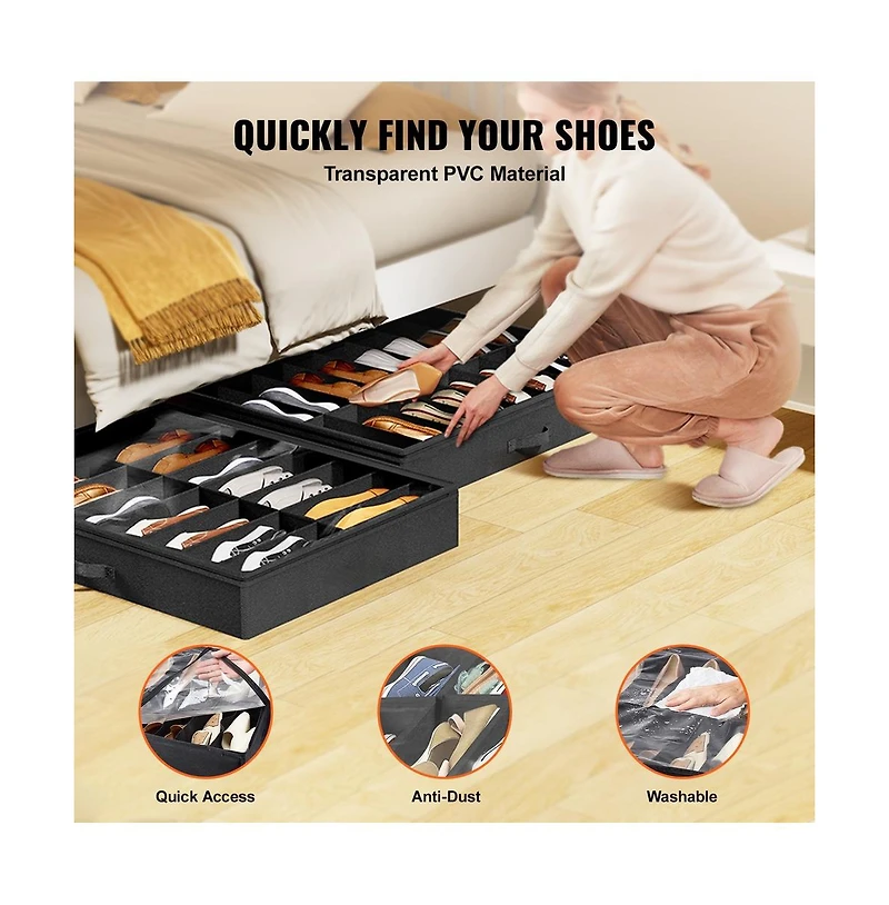Sugift Under Bed Shoe Storage Organizer Set of 2 with 32 Compartments and Clear Window
