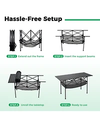 Sugift Patio Folding Camping Table with Roll-up Tabletop and Mesh Basket