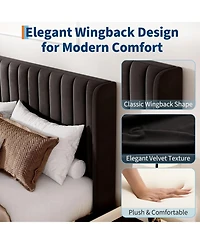 gaomon Size Upholstered Platform Bed Frame with Vertical Channel Tufted Wingback Headboard, Strong Wooden Slats Support