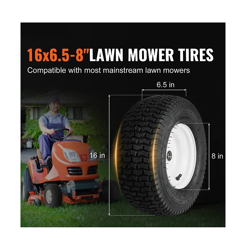 Sugift 16 x 6.5 to 8 inch Tubeless Lawn Mower Tires and Rim 2 Pack Tractor Wheel Assembly