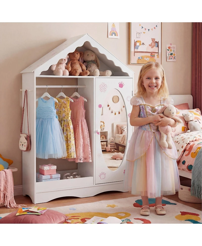 Slickblue Mirror Roof Kids Wardrobe Closet with Open Hanging Rack
