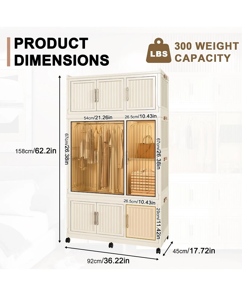 Clihome Portable Wardrobe Closet Storage Organizer Magnetic Doors Cubes & Hanging Rod,6 pcs hangers