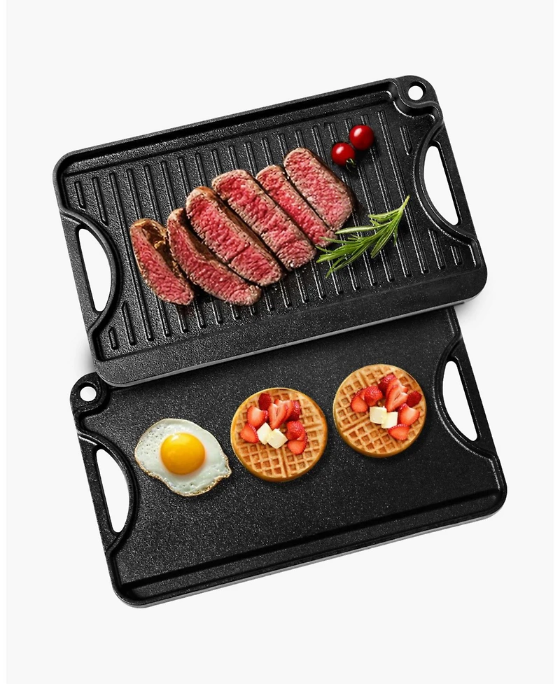 Mecale Reversible Cast Iron Grill/Griddle, 14" x 8.5", Pre-Seasoned, Portable Pan with Handle, Indoor/Outdoor