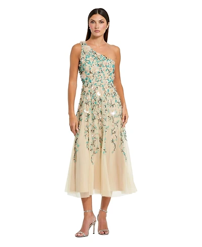 Mac Duggal Women's Floral Embellished Mesh One Shoulder Midi Dress