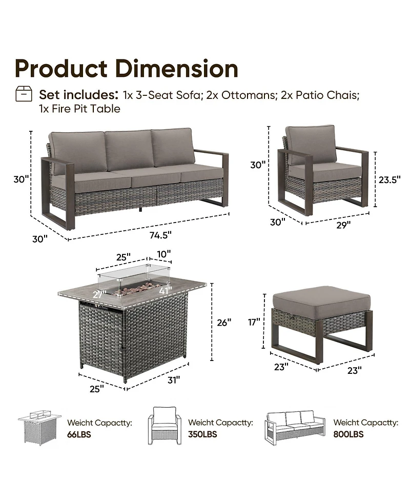 Pocassy Pieces Patio Furniture Set with Fire Pit Table, Patio Conversation Set Wicker Patio Chair Sofa Ottoman with Rectangular Fire Table