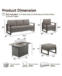 Pocassy Pieces Patio Furniture Set with Fire Pit Table, Patio Conversation Set Wicker Patio Chair Sofa Ottoman with Rectangular Fire Table