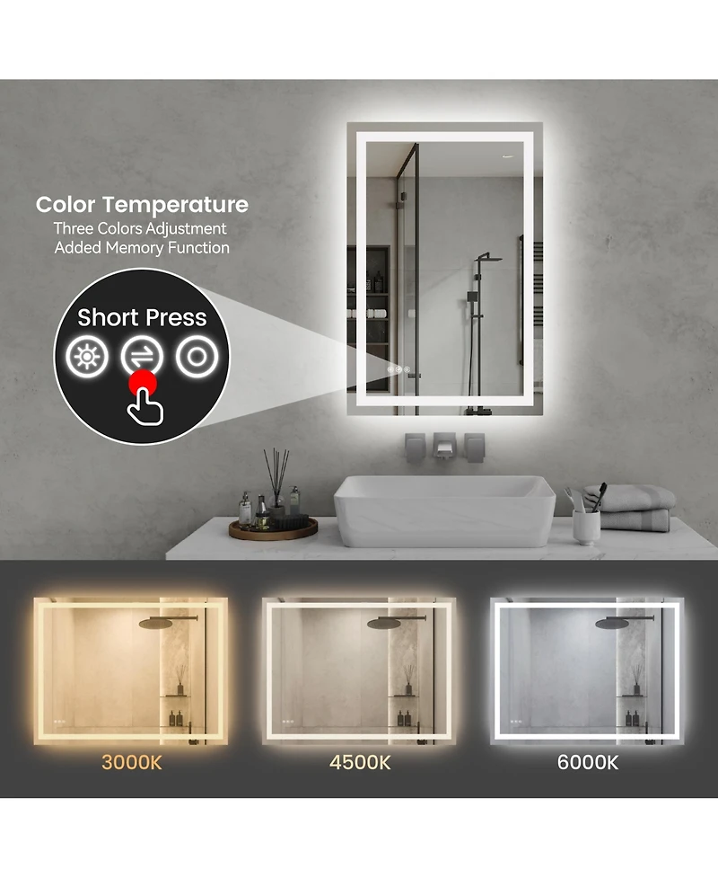 Rainsken 24"36" Led Bathroom Mirror, Anti-fog Vanity Mirror with Front-Lit and Back-Lit, Stepless Dimmable, Shatter-Proof Make Up Mirror