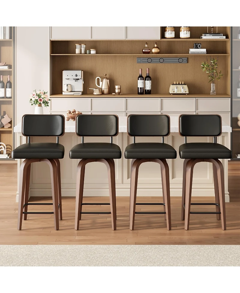 homfan Swivel Bar Stools Set of 4, 26" Upholstered Counter Height Stools with Back, Mid Century Chair for Kitchen Counter, Faux Leather Stools