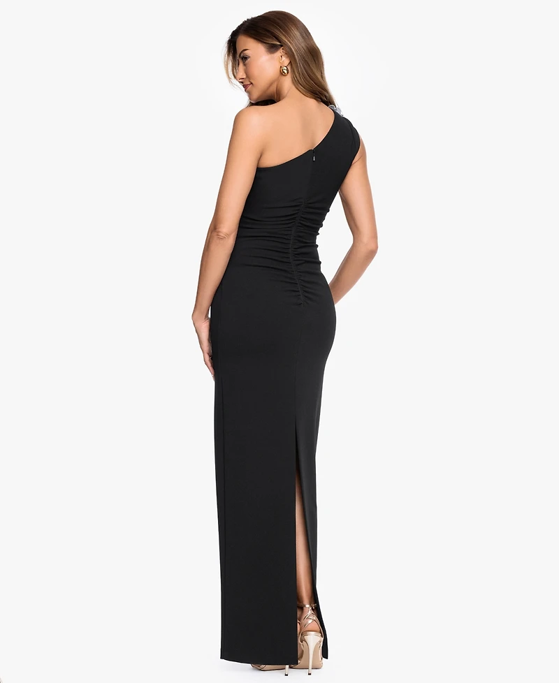 Xscape Petite One-Shoulder Scuba Crop Trim Sheath Gown