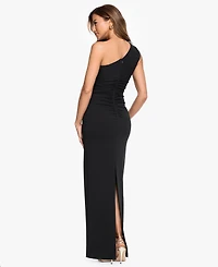 Xscape Petite One-Shoulder Scuba Crop Trim Sheath Gown
