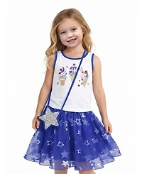 Pink & Violet Girls' 2T-6X Glitter Ice Cream Graphic Tank Top, Star Tulle Skirt and Purse, 3-Piece Set