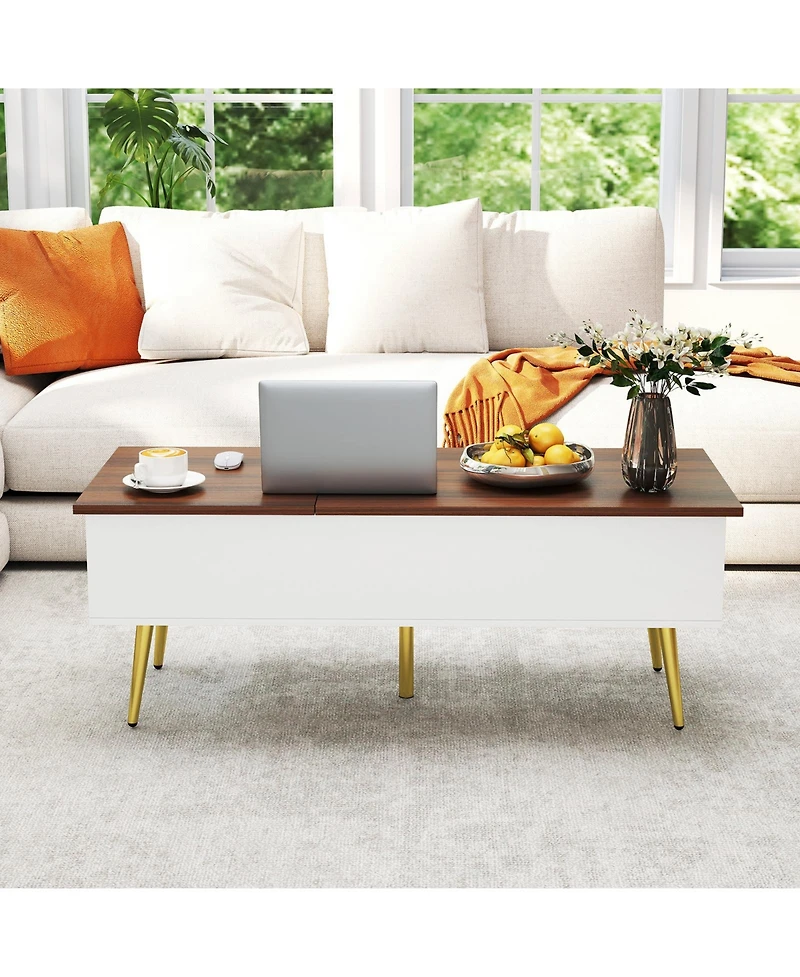 Gymax Lift Top Coffee Table w/ Split Top and 2 Hidden Compartments Tapered Metal Legs