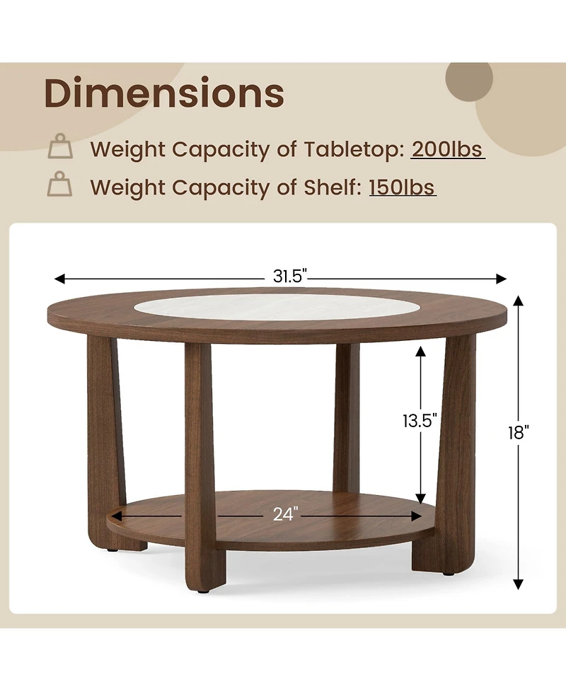 Gymax Round Coffee Table w/ 2-Tone Tabletop and Open Storage Shelf Wood Support Legs